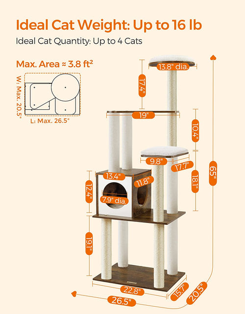 Load image into Gallery viewer, Woodywonders Cat Tree, 65-Inch Modern Cat Tower for Indoor Cats, Multi-Level Cat Condo with 5 Scratching Posts, Perch, Washable Removable Cushions, Cat Furniture, Rustic Brown UPCT166X01
